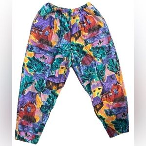 Greg Parry Vintage Colorful Print Pants Size S/M Pull On Drawstring Waist